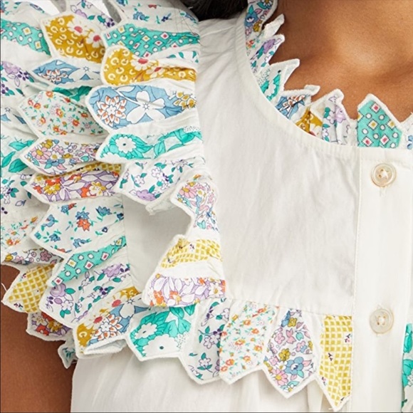 Sea New York Linen Patchwork Quilt Ruffle Shift Dress Size Large Cottagecore - Picture 2 of 11